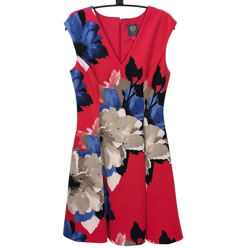 Vince Camuto Red Floral V-Neck‎ Fit and Flare Scuba Dress Size 6